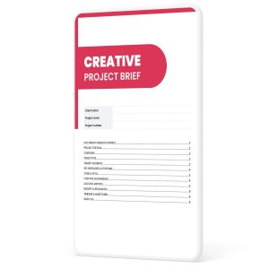 A digital creative project brief template displayed on a tablet, featuring a professional layout by Syntax Project Solutions