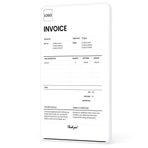 A digital invoice template displayed on a tablet, featuring a professional layout with sections for itemised services, payment details, and terms and conditions by Syntax Project Solutions