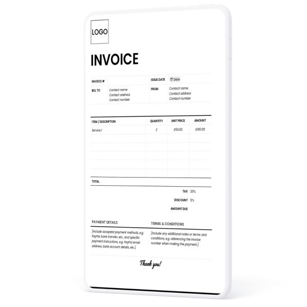 A digital invoice template displayed on a tablet, featuring a professional layout with sections for itemised services, payment details, and terms and conditions by Syntax Project Solutions
