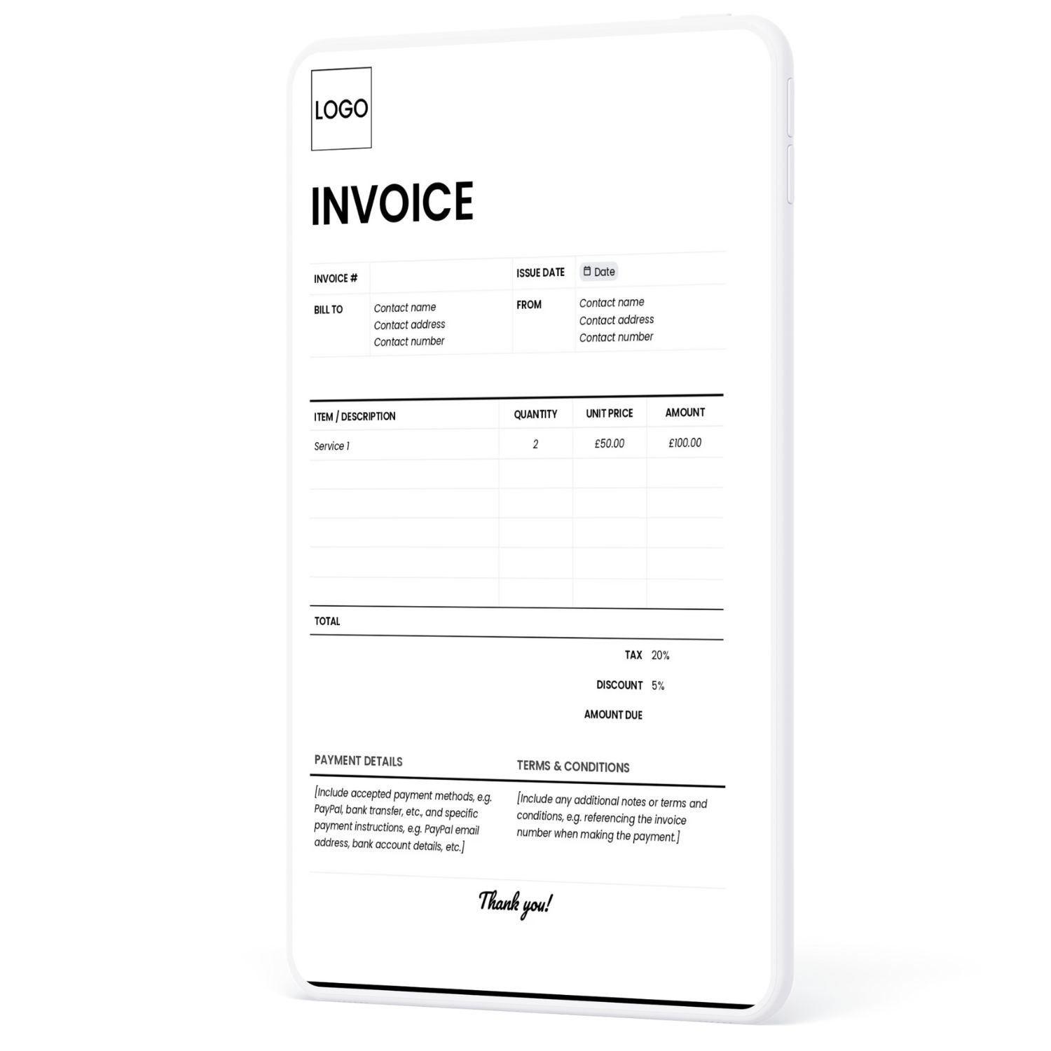 A digital invoice template displayed on a tablet, featuring a professional layout with sections for itemised services, payment details, and terms and conditions by Syntax Project Solutions