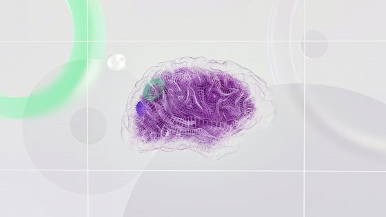 Futuristic 3D illustration of a human brain in purple mesh on a minimal abstract background – concept for artificial intelligence, neuroscience, and cognitive computing