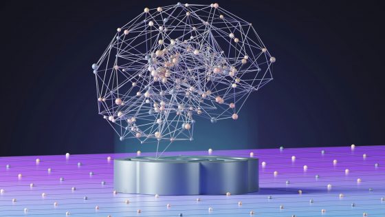 A 3D render of a geometric human brain made of interconnected nodes and lines, representing a neural network or AI, is suspended above a metallic platform on a grid-like surface