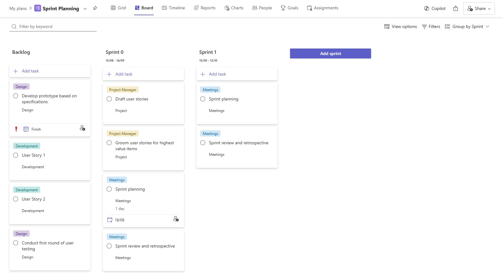 Sprint Planning project plan in Microsoft Planner