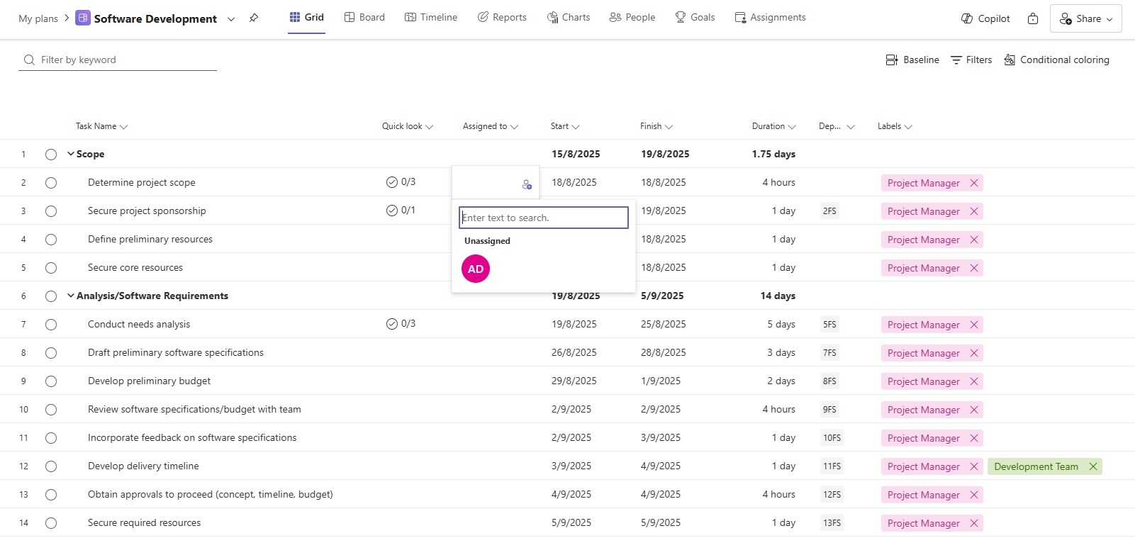 Assigning tasks in Microsoft Planner Grid view