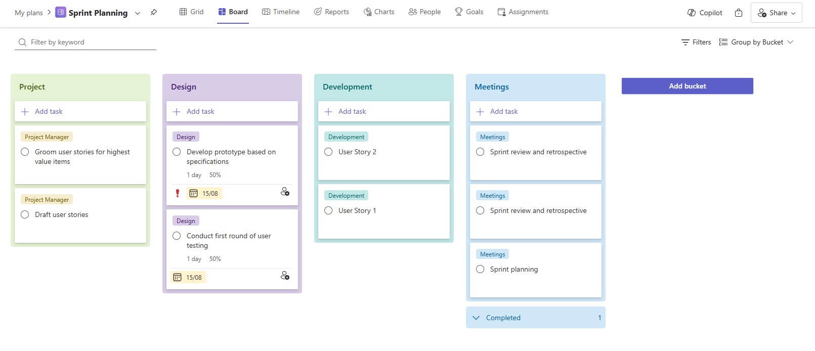 Board view grouped by bucket in Sprint Planning project plan in Microsoft Planner