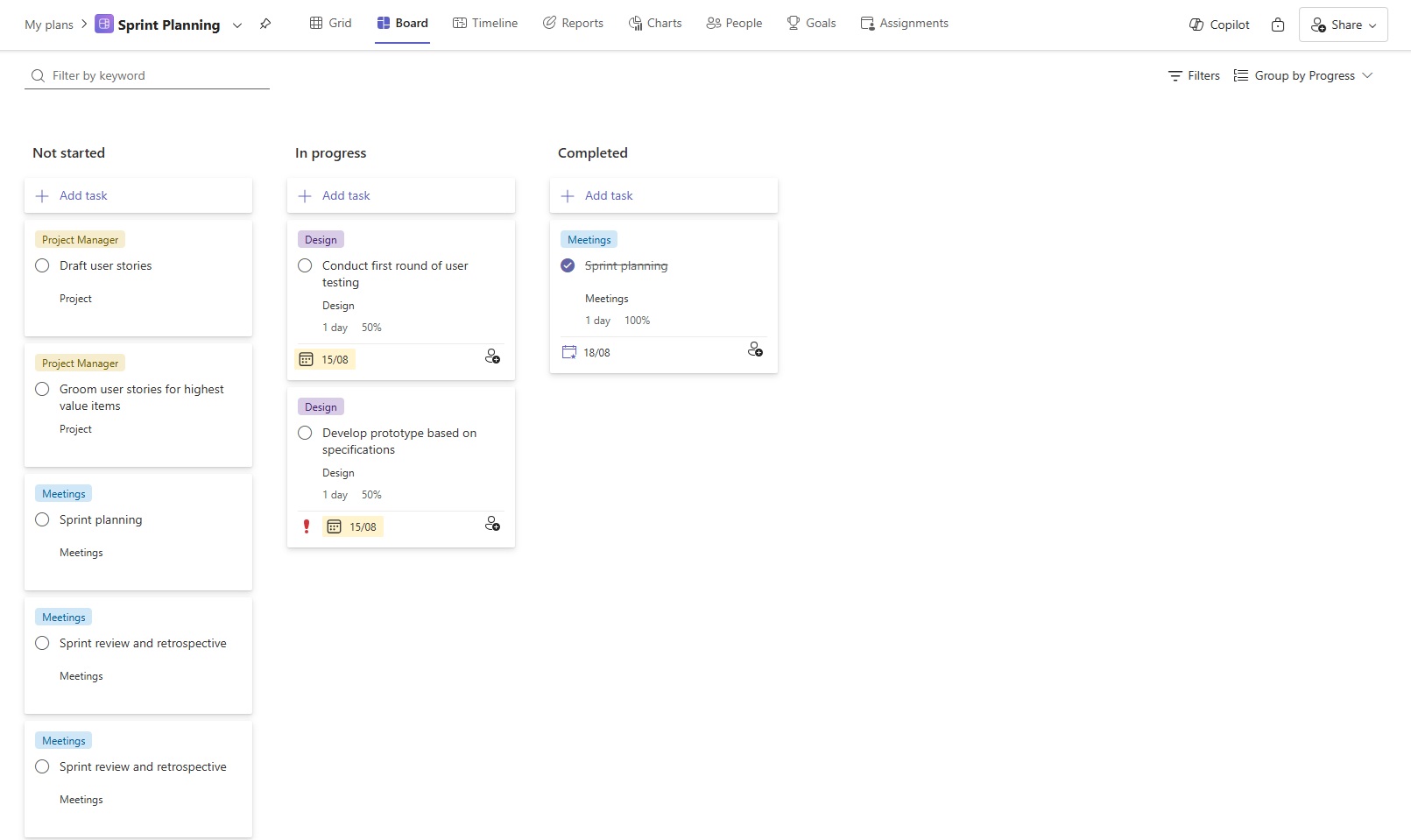 Board view grouped by progress in Sprint Planning project plan in Microsoft Planner