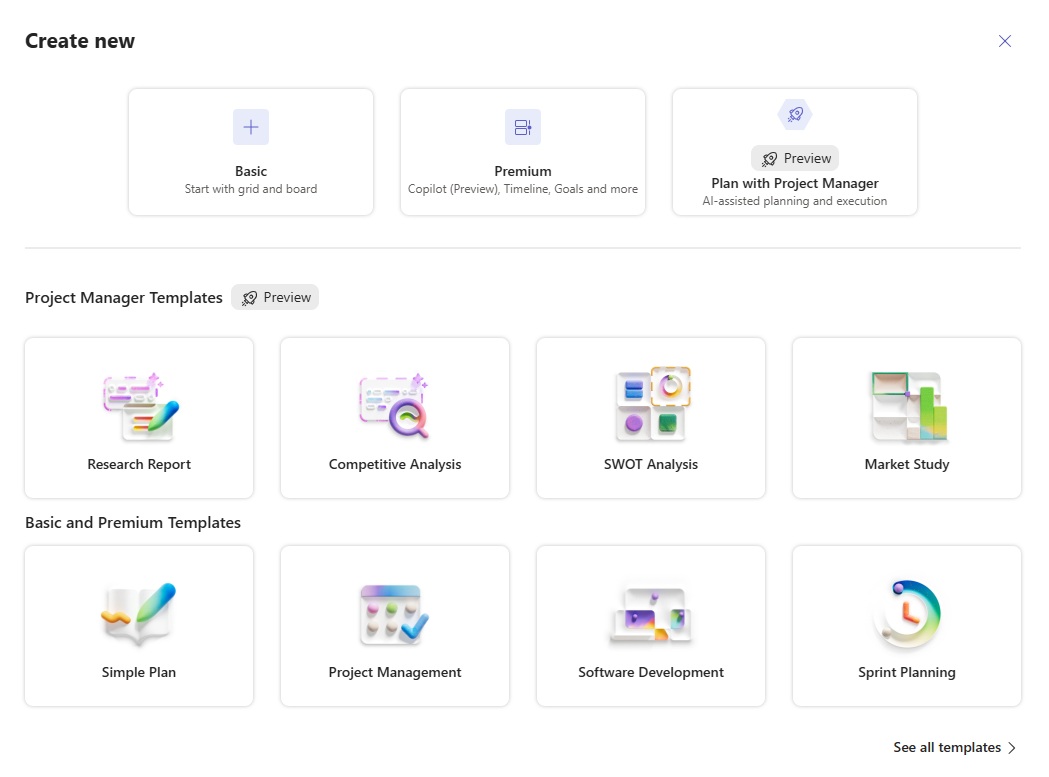 Microsoft Planner project plan templates including basic and premium