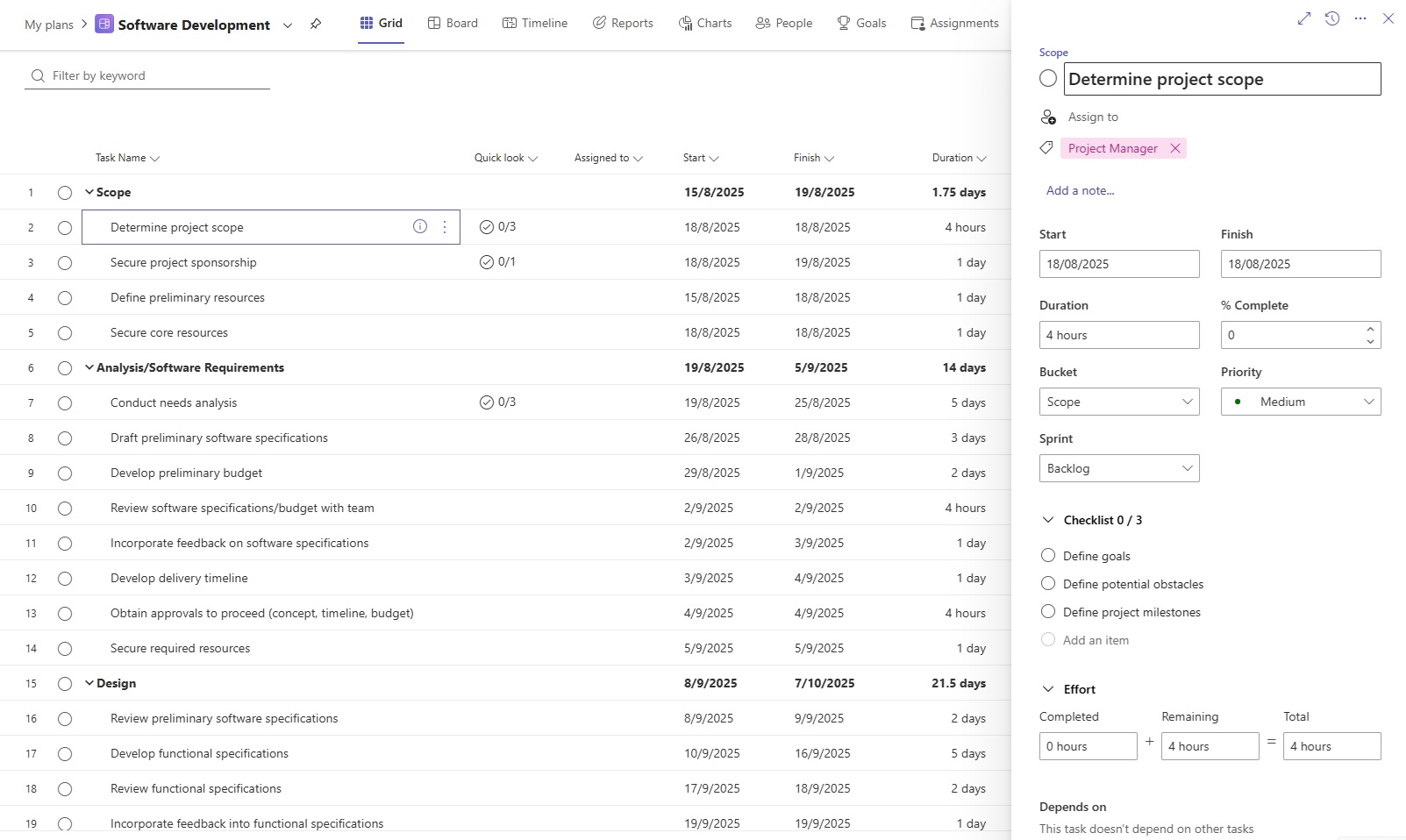 Inputting task details in Microsoft Planner Grid view