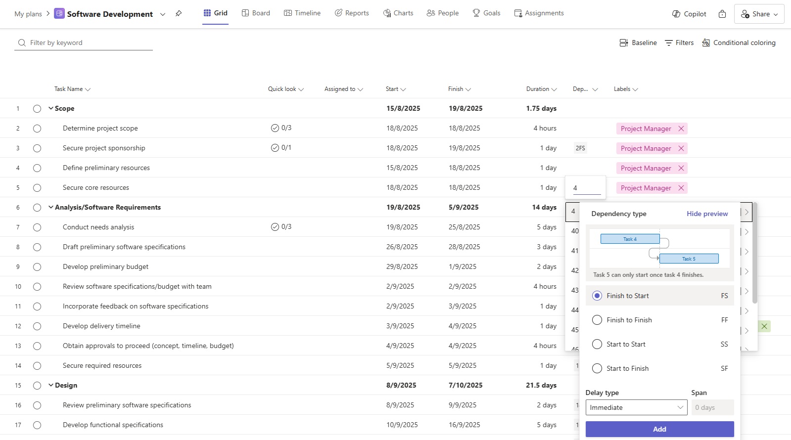 Adding task dependencies in Microsoft Planner Grid view