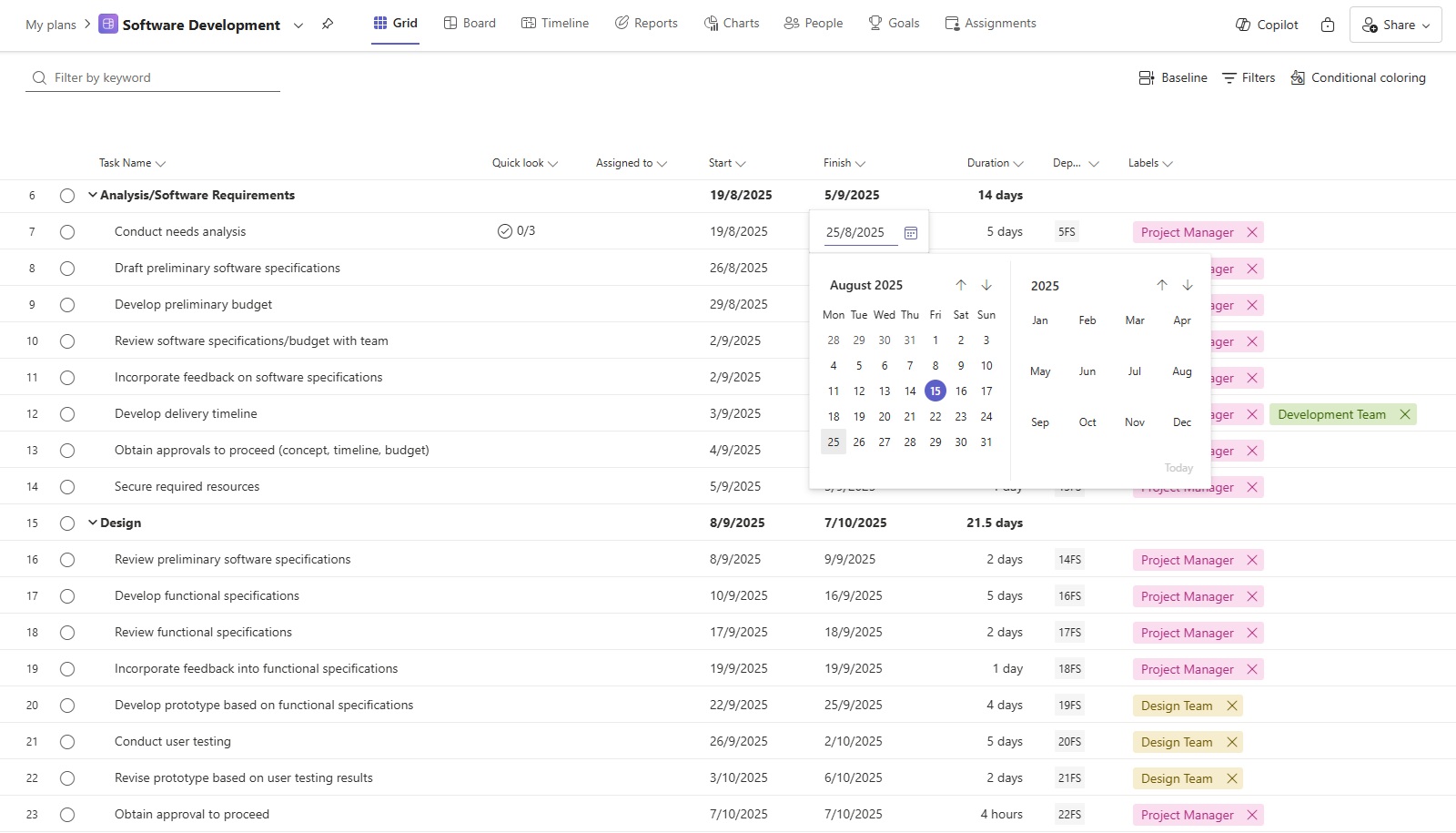 Setting deadlines in Microsoft Planner Grid view