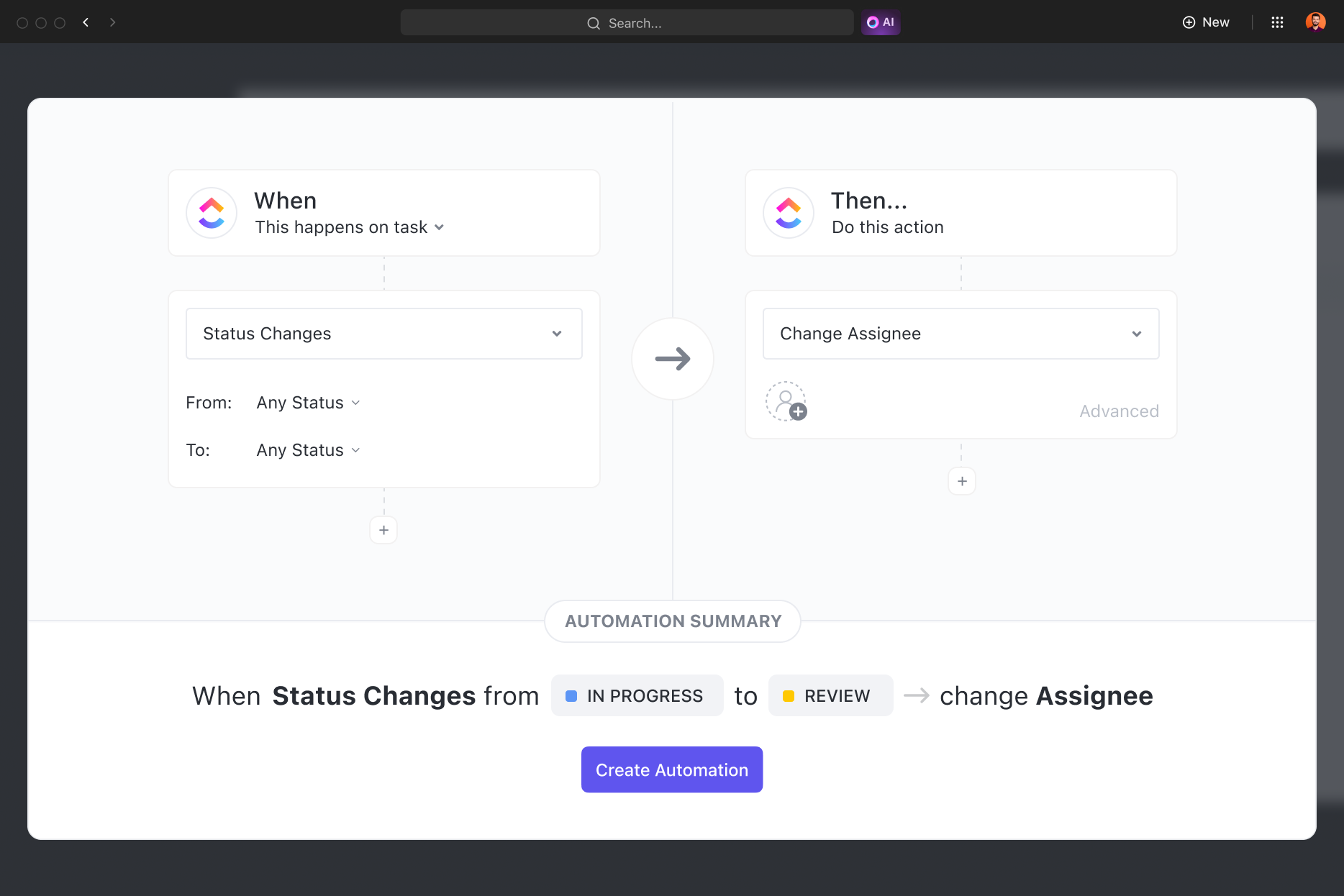 A screenshot of the ClickUp automation interface, showing a rule being created to automatically change a task's assignee when its status changes