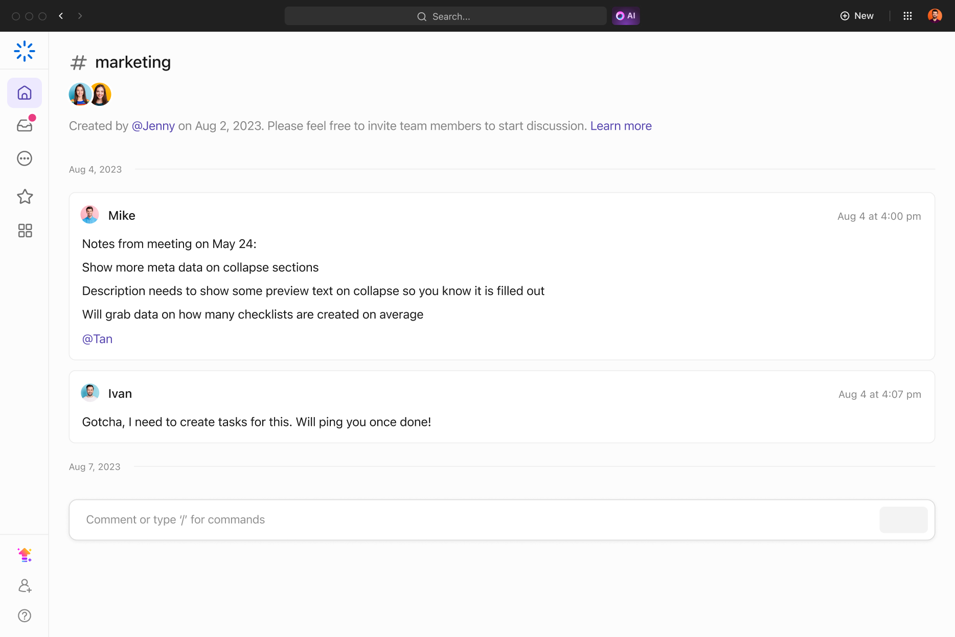A screenshot of the ClickUp chat interface, showing a conversation in a "#marketing" channel where team members discuss project notes and tasks