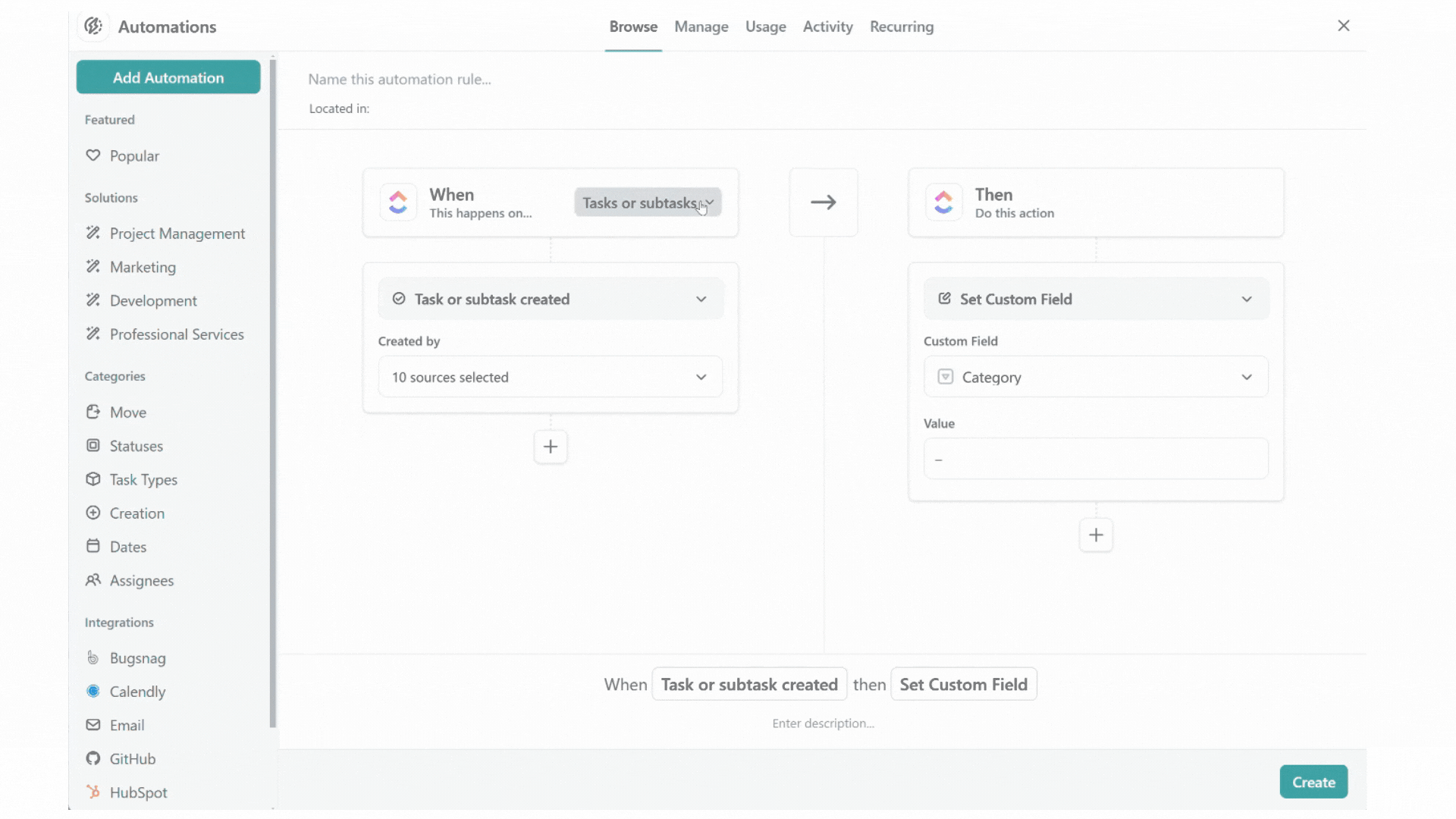 A screen recording demonstrates how to set up an automation in ClickUp to automatically change task assignees when a custom field changes