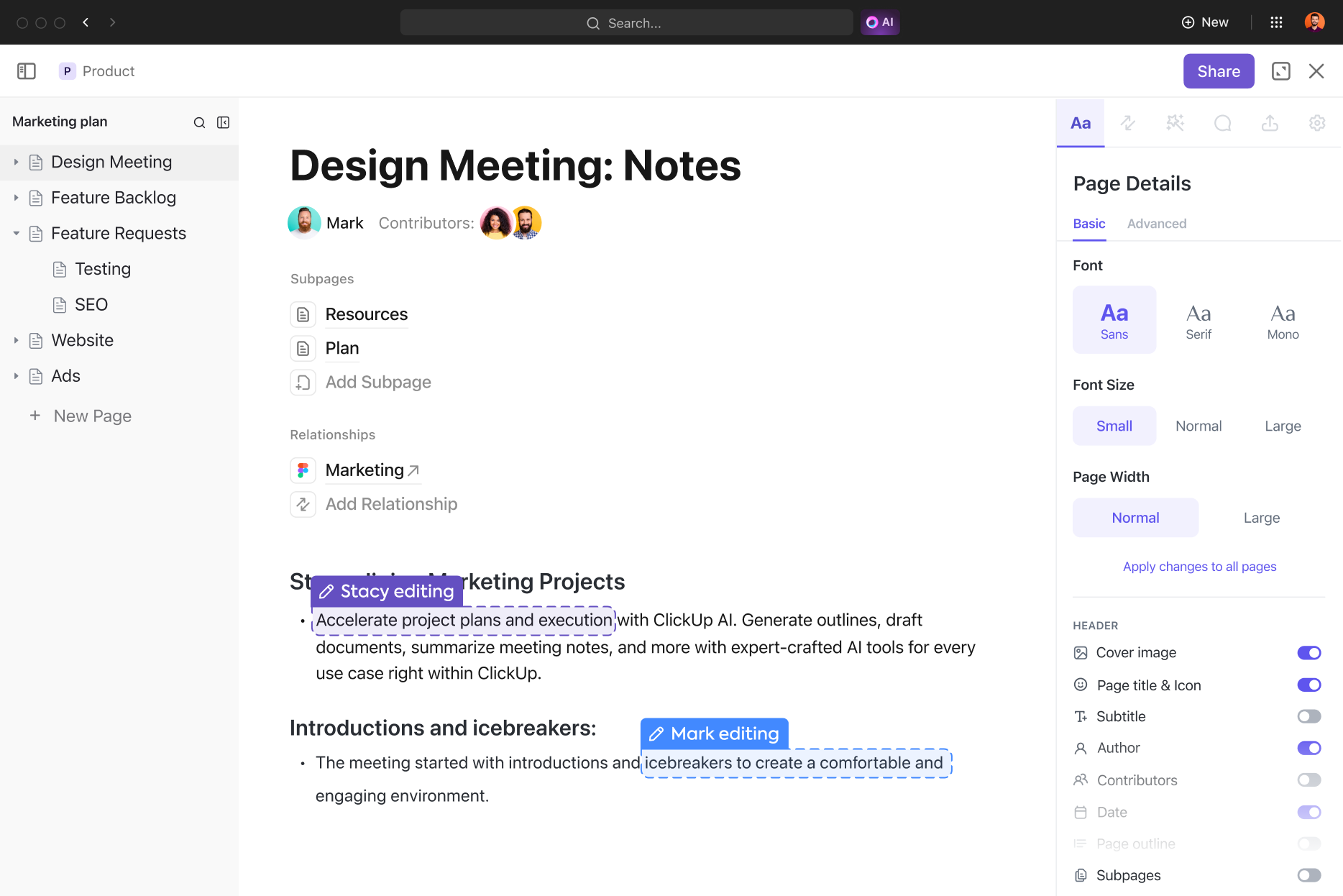 A screenshot of a ClickUp document showing a "Design Meeting: Notes" page with a collaborative editing interface and sidebars for page details and a navigation tree