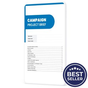 Campaign project brief template cover page showing sections for client name, project details, objectives, target audience, key messages and tone, creative deliverables, channels, risk management and contingency plans, and success metrics