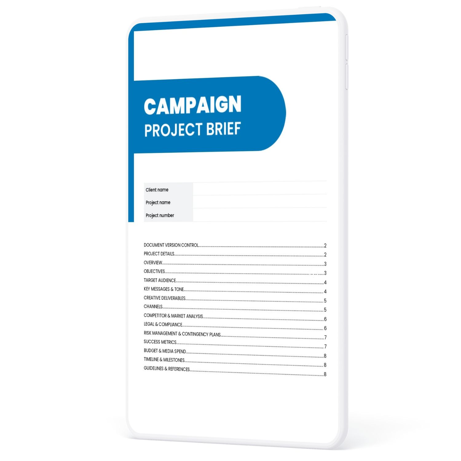 A digital campaign project brief template displayed on a tablet, featuring a professional layout by Syntax Project Solutions