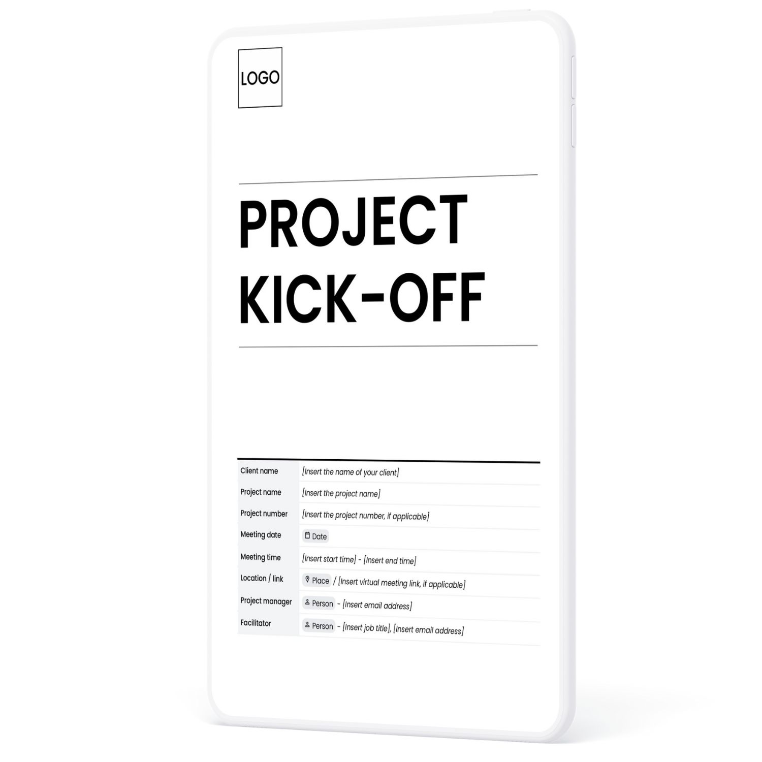 A digital project kick-off meeting agenda template displayed on a tablet, featuring a professional layout by Syntax Project Solutions