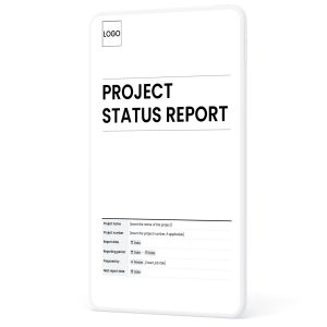 Project status report template cover page showing sections for project name and number, report date, reporting period and next report date