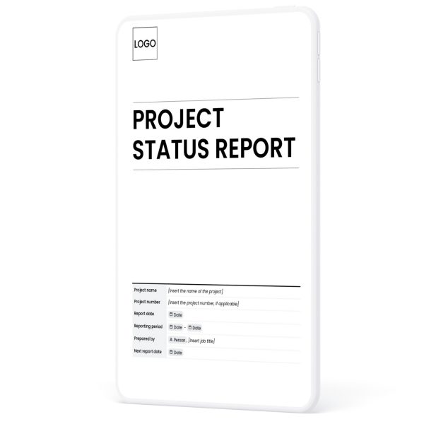 Project status report template cover page showing sections for project name and number, report date, reporting period and next report date