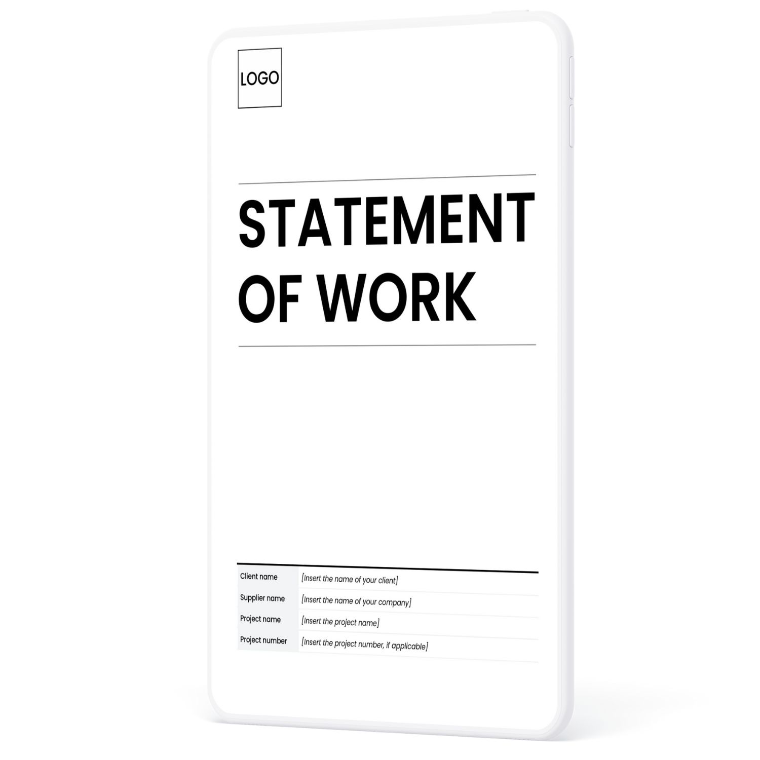 A digital statement of work template displayed on a tablet, featuring a professional layout by Syntax Project Solutions