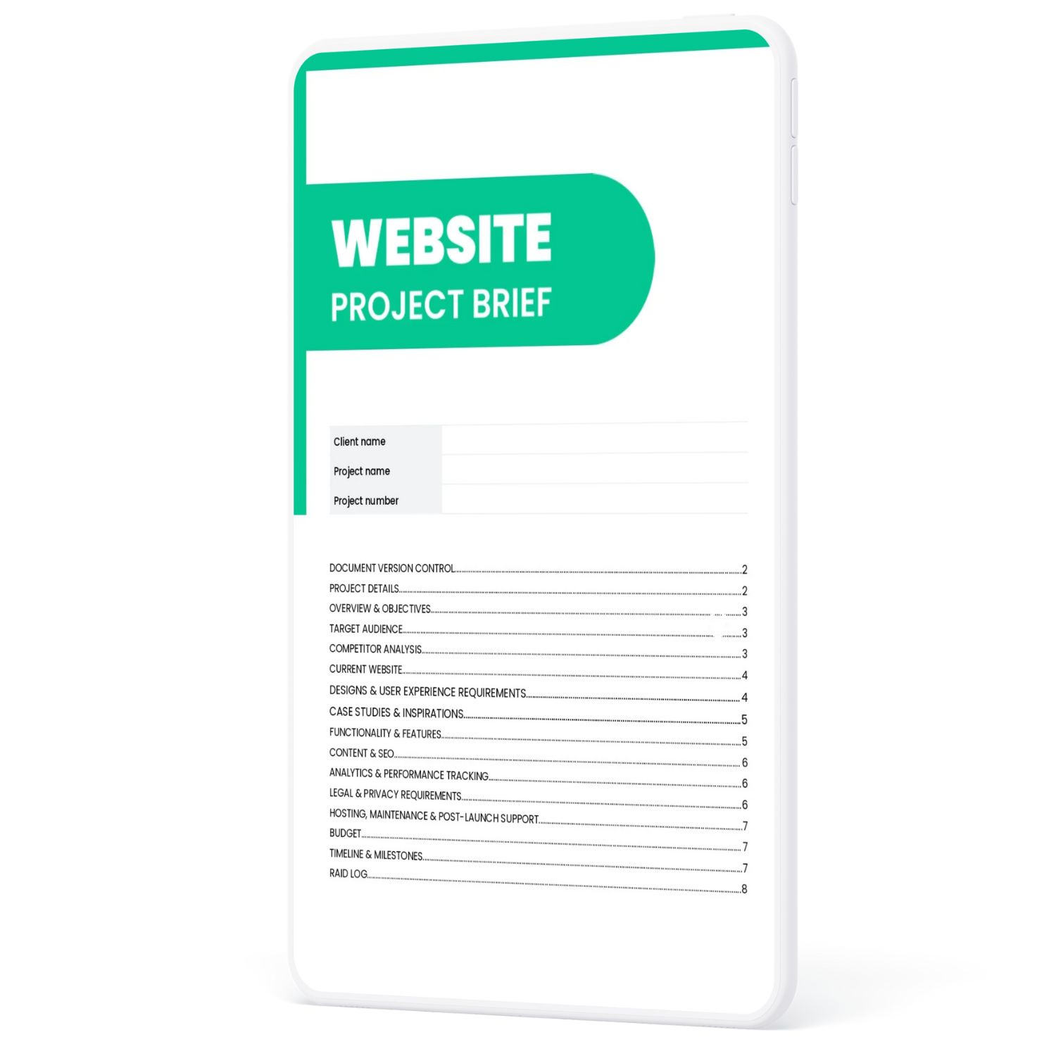 A digital website project brief template displayed on a tablet, featuring a professional layout by Syntax Project Solutions
