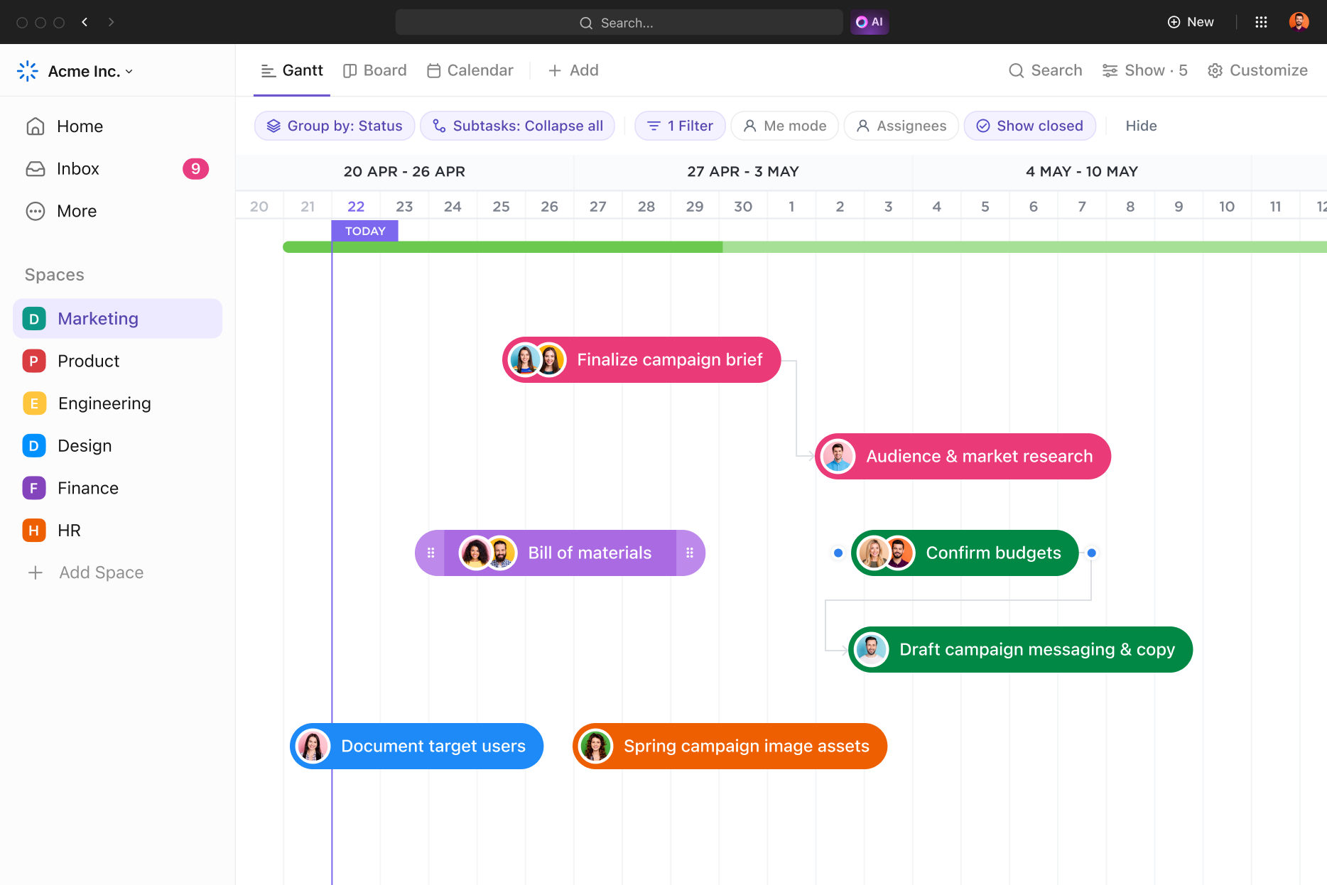 A screenshot of a Gantt chart in ClickUp, showing a marketing project schedule with interconnected tasks assigned to various team members over several weeks