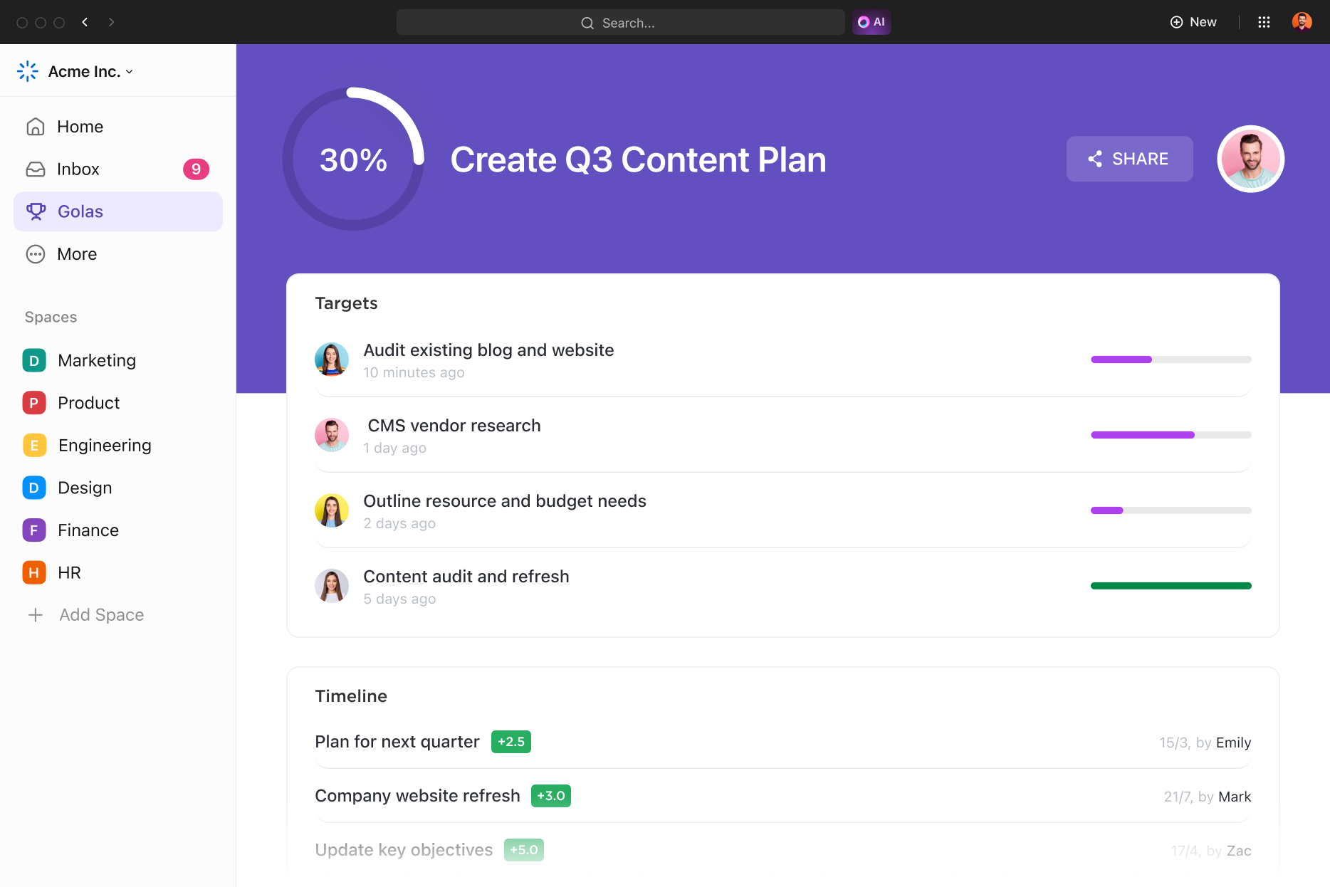 A screenshot of the ClickUp Goals view, displaying the progress of a "Create Q3 Content Plan" with a completion percentage and a list of targets assigned to different team members