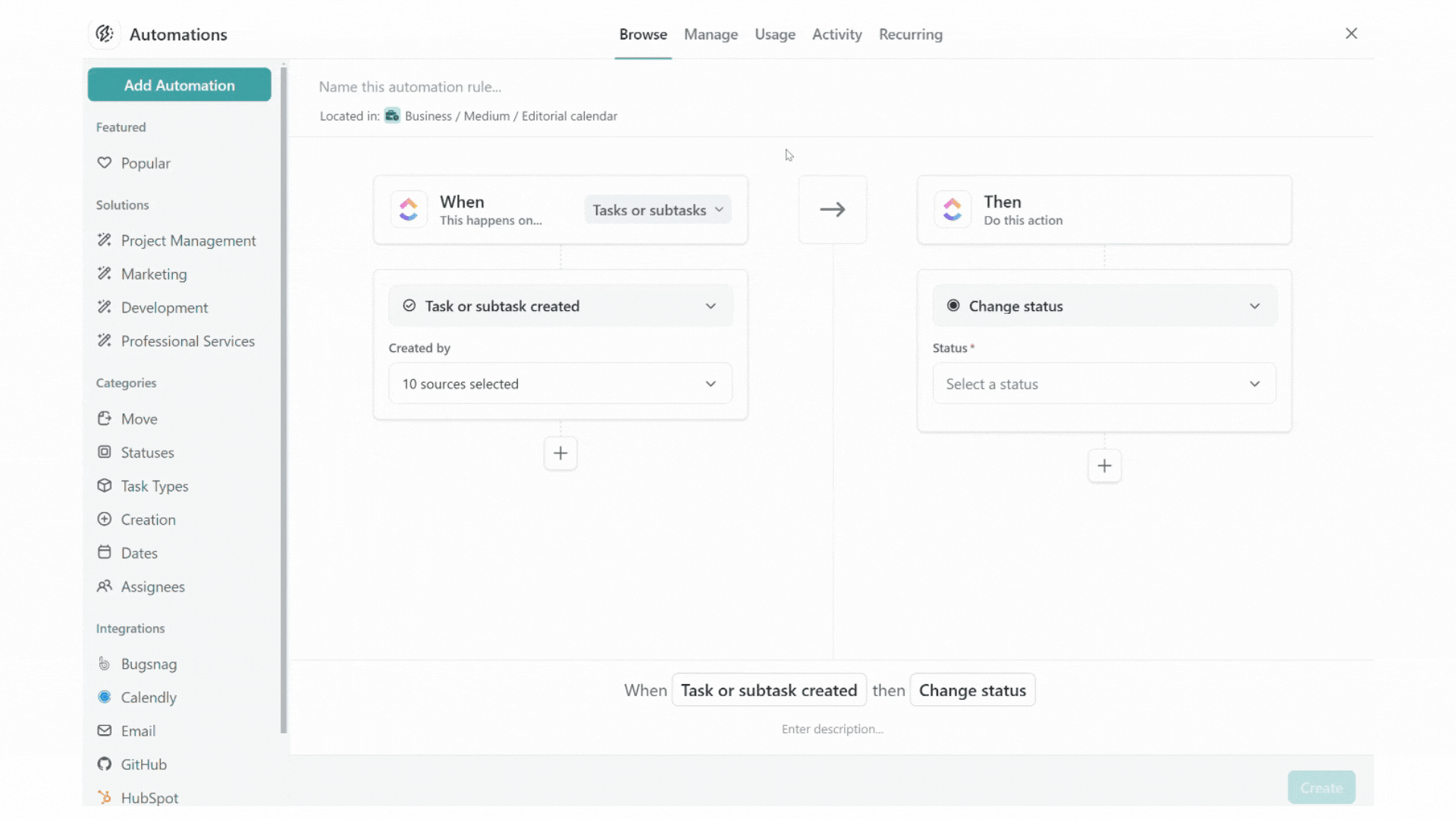A screen recording shows how to create an automation in ClickUp that automatically assigns a task to a user when its status changes