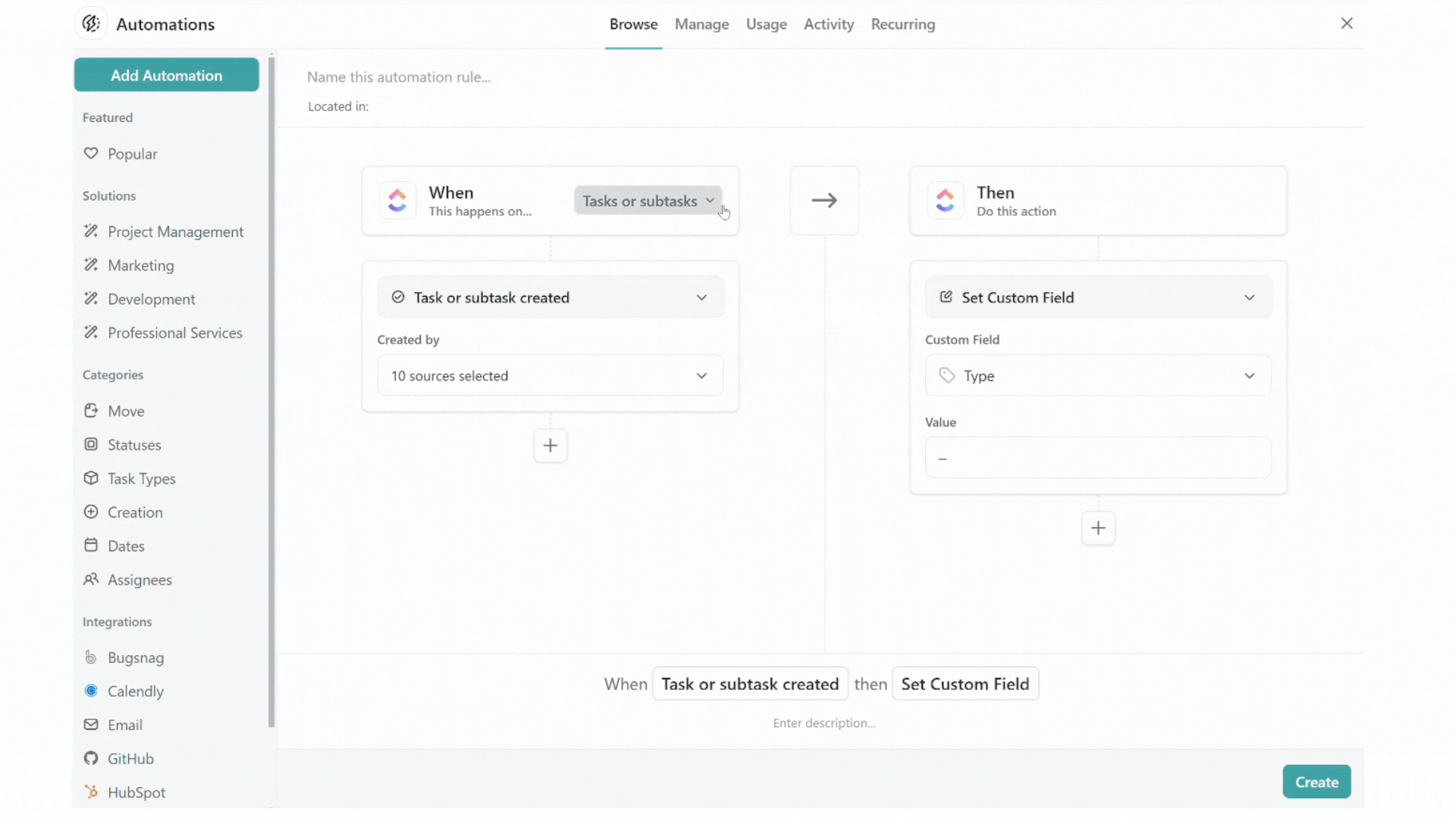 A screen recording demonstrates how to set up an automation in ClickUp to automatically update a custom field when a task status changes