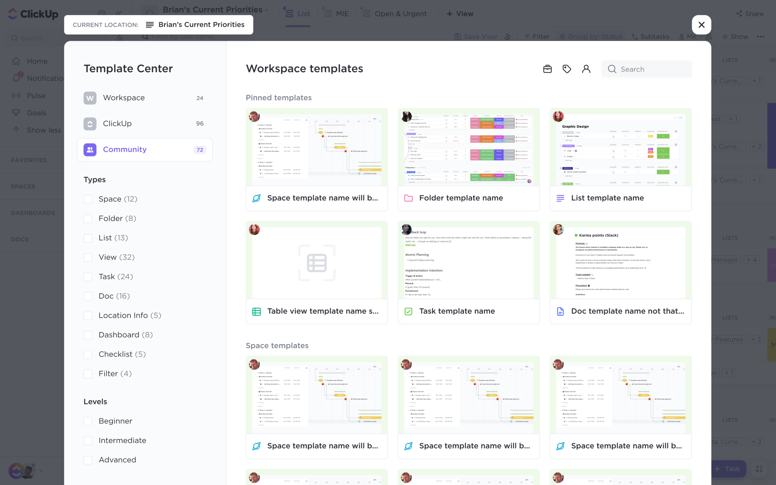 A screenshot of the ClickUp Template Center, showing various pre-built workspace templates available for users to select and implement for different project needs