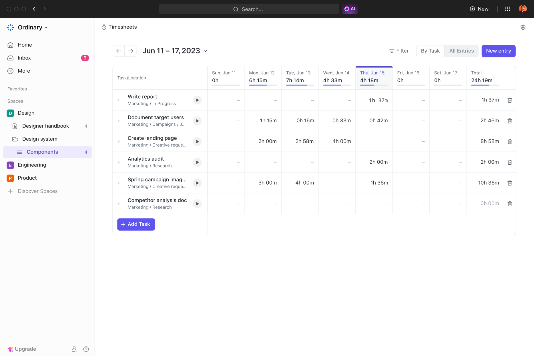 A screenshot of a ClickUp timesheet view, displaying a weekly log of tasks with the time spent on each task, organized by day