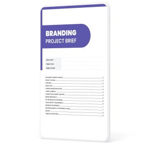 Branding project brief template cover page showing sections for client name, project details, objectives, target audience, competitor and market analysis, and branding deliverables