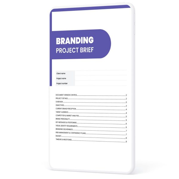 Branding project brief template cover page showing sections for client name, project details, objectives, target audience, competitor and market analysis, and branding deliverables