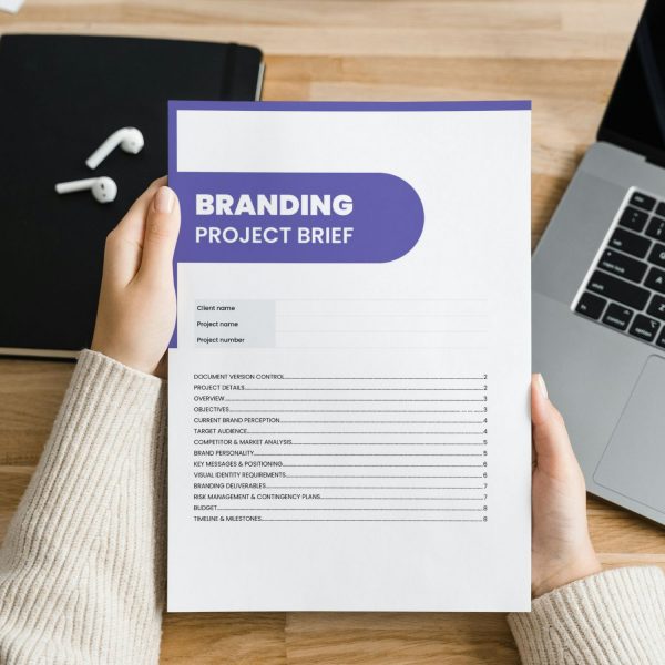 Branding project brief template cover page showing sections for client name, project details, objectives, target audience, competitor and market analysis, and branding deliverables
