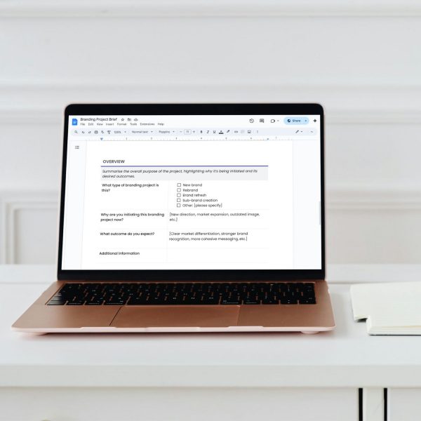 Branding project brief template for freelancers, studios and small businesses by Project Syntax Solutions shown on a laptop screen