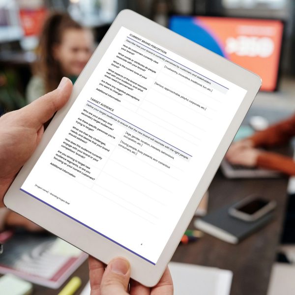 Branding project brief template for freelancers, studios and small businesses by Project Syntax Solutions shown on a tablet screen