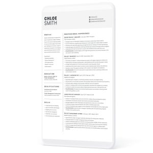 CV template by Syntax Project Solutions, showing profile, qualifications, education and professional experience