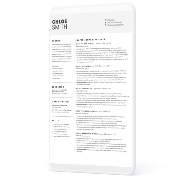 CV template by Syntax Project Solutions, showing profile, qualifications, education and professional experience