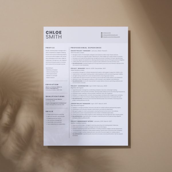 CV template by Syntax Project Solutions, showing profile, qualifications, education and professional experience