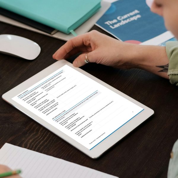 Campaign project brief template for freelancers, studios and small businesses by Project Syntax Solutions shown on a tablet screen