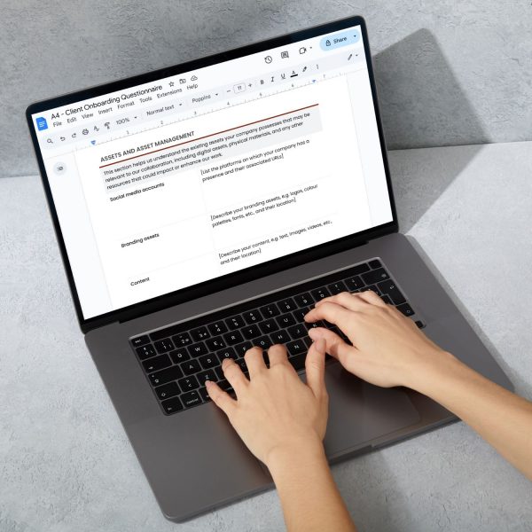 Client Onboarding Questionnaire Template for Freelancers, Agencies and Small Businesses from Syntax Project Solutions shown on a laptop screen
