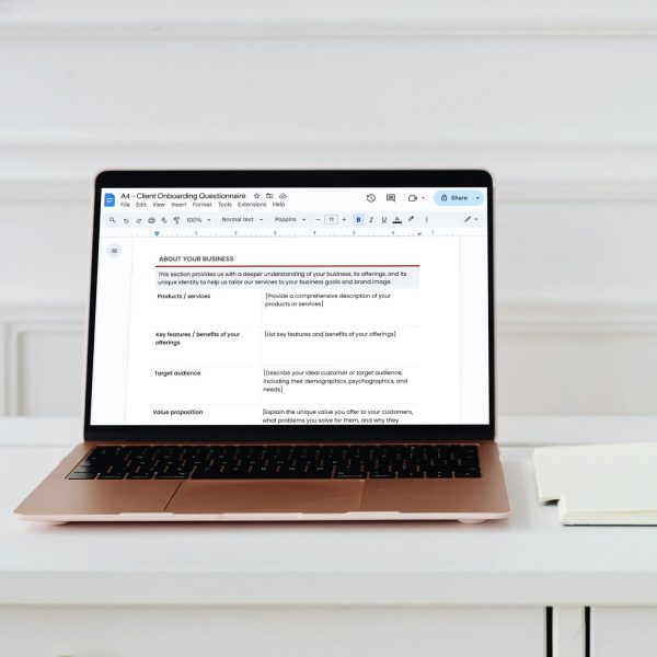 Client Onboarding Questionnaire Template for Freelancers, Agencies and Small Businesses from Syntax Project Solutions shown on a laptop screen