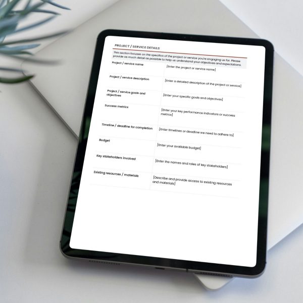Client Onboarding Questionnaire Template for Freelancers, Agencies and Small Businesses from Syntax Project Solutions shown on a tablet screen