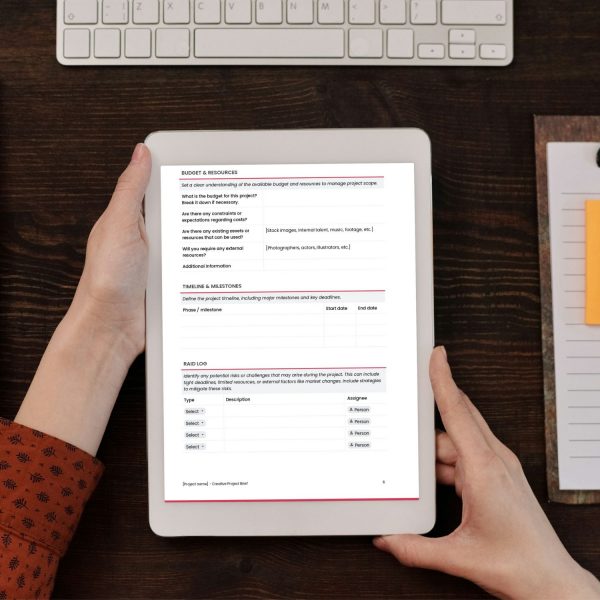 Creative project brief template for freelancers, studios and small businesses by Project Syntax Solutions shown on a tablet screen