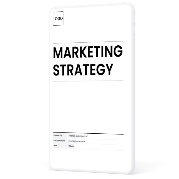 Marketing strategy template cover page showing sections for company name and date