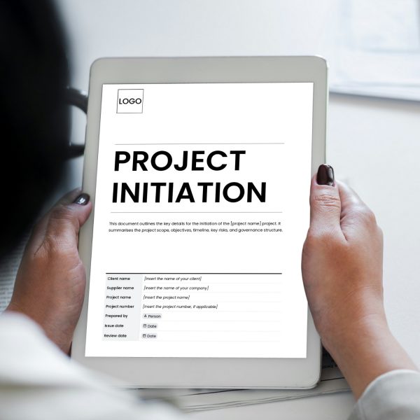 Project initiation document template for freelancers, studios and small businesses by Project Syntax Solutions shown on a tablet screen
