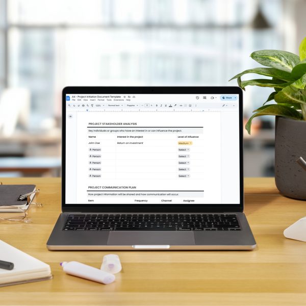 Project initiation document template for freelancers, studios and small businesses by Project Syntax Solutions shown on a laptop screen