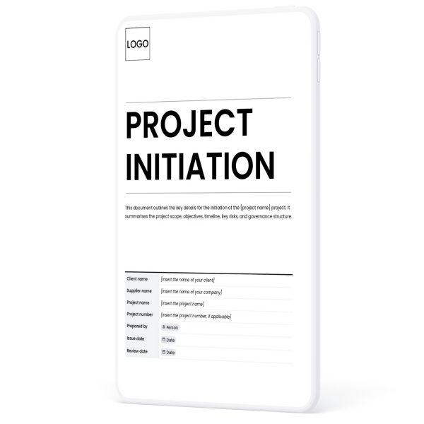 Project initiation document template cover page showing sections client name, supplier name, project name and number, issue and review dates