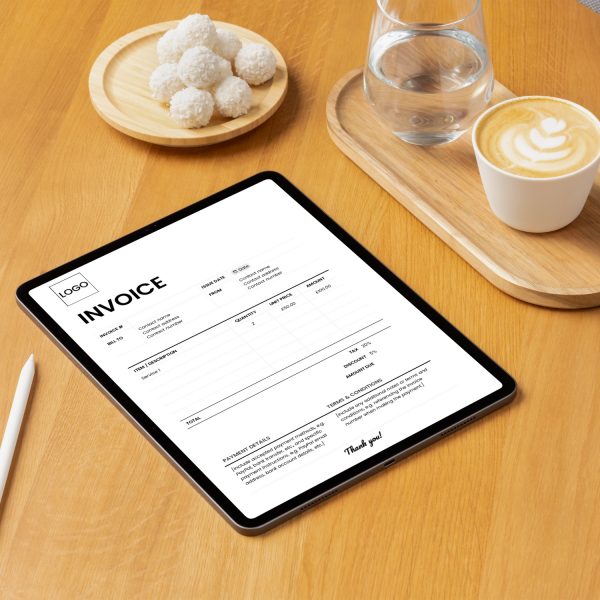 Project invoice template for freelancers, studios and small businesses by Project Syntax Solutions shown on a tablet screen