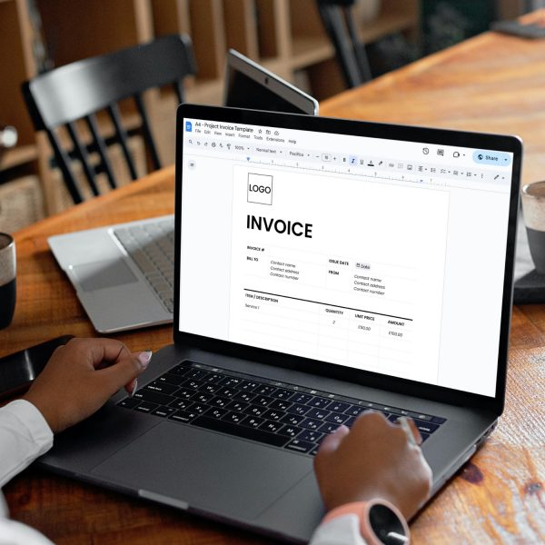 Project invoice template for freelancers, studios and small businesses by Project Syntax Solutions shown on a laptop screen